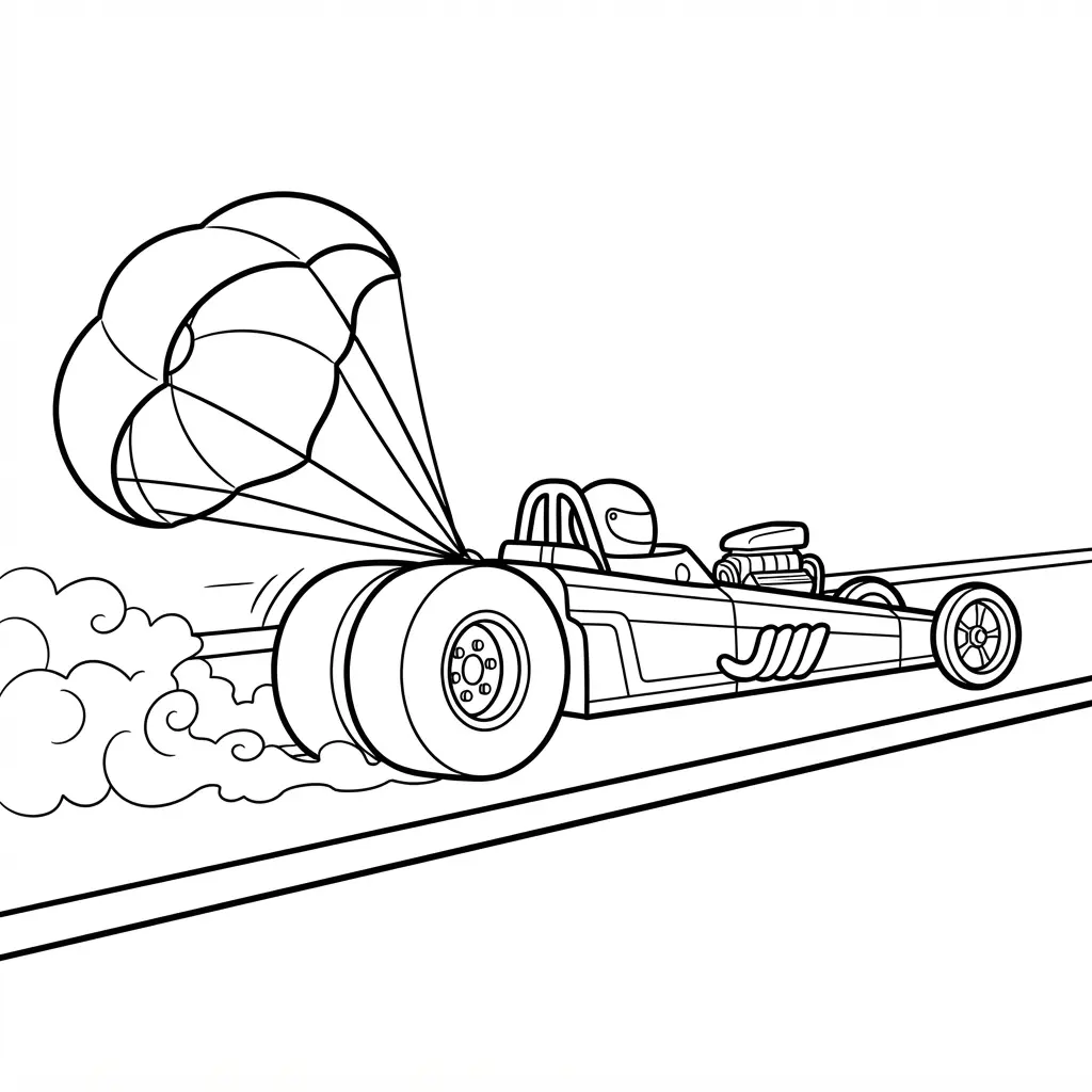 Drag racer speeding down a straight strip with its parachute deployed, rear tires, lane lines, and smoke.