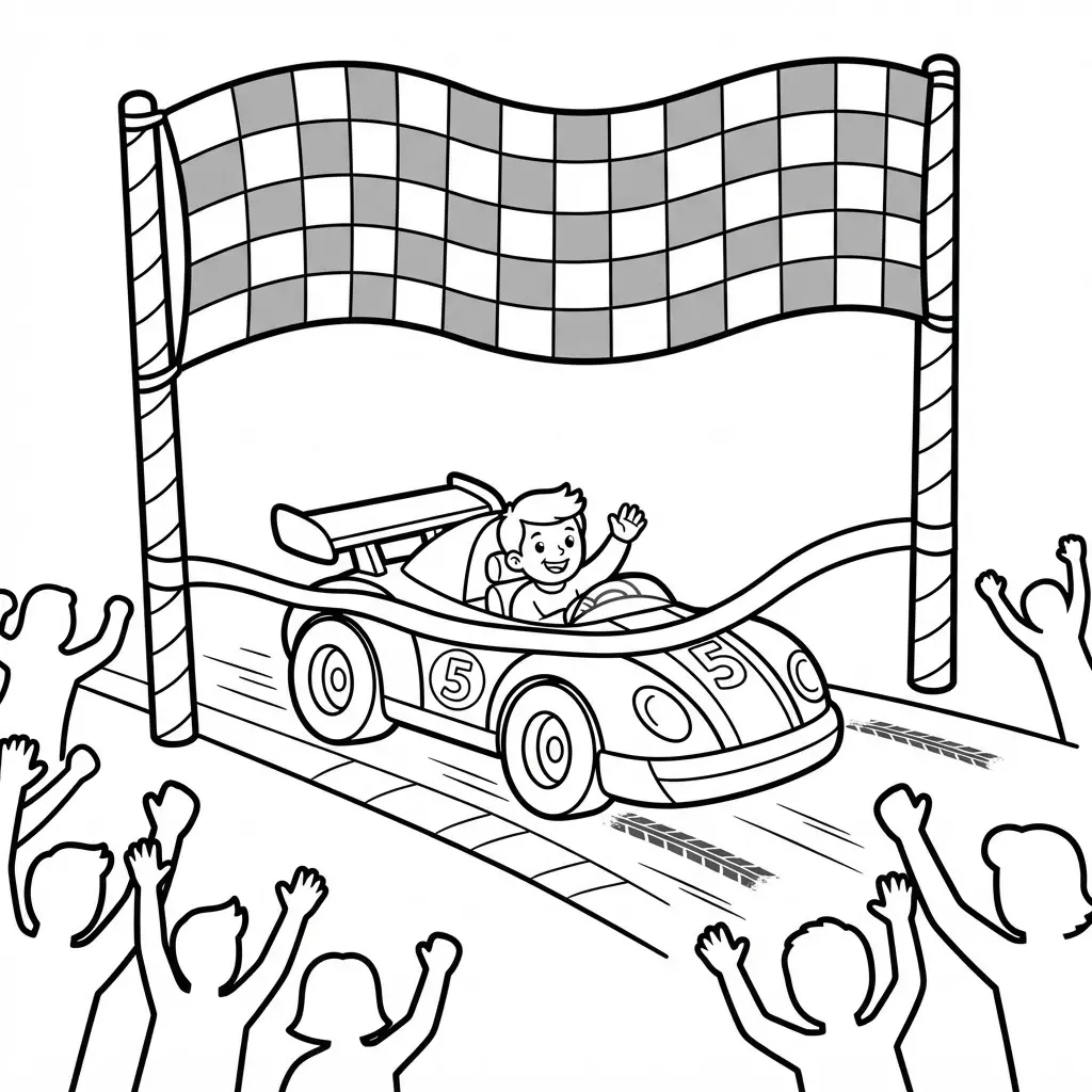 Race car crossing a finish line with a waving flag, track stripes, tire marks, and cheering silhouettes.