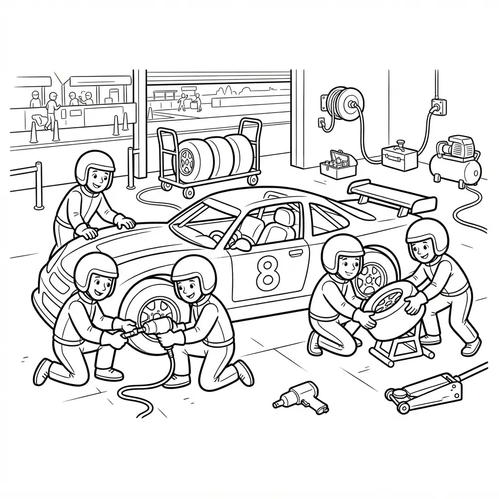 Pit crew members changing car tires beside a racing vehicle with tools, wheel stands, and garage panels.