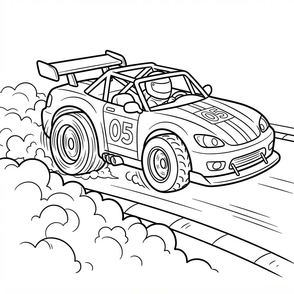 Race car burnout scene with spinning rear tires, curling smoke, track lines, and a visible rear spoiler.