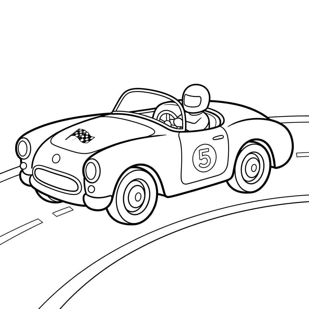 Retro 1950s-style race car with rounded fenders, whitewall tires, a low hood, and simple track lines.
