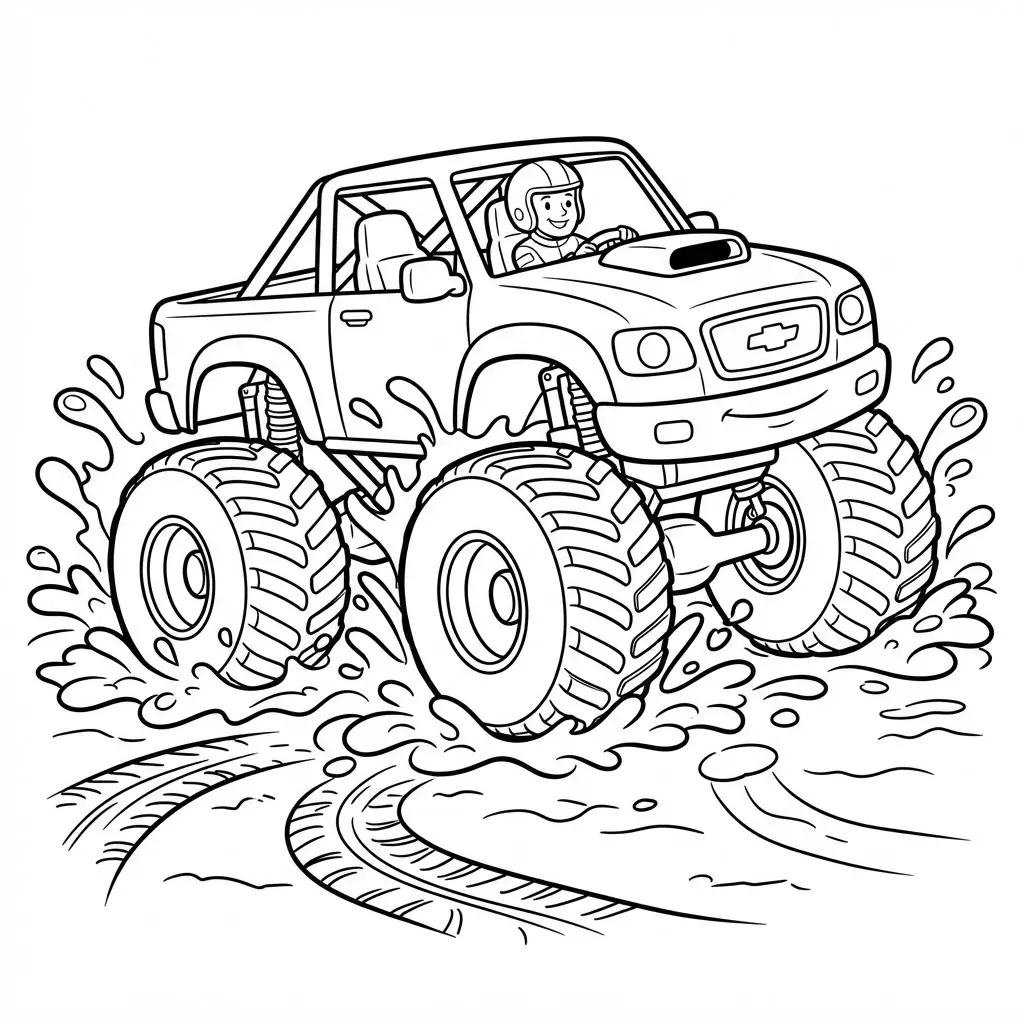 Monster truck racing through a mud pit with oversized tires, splashes, a roll cage, and deep tracks.