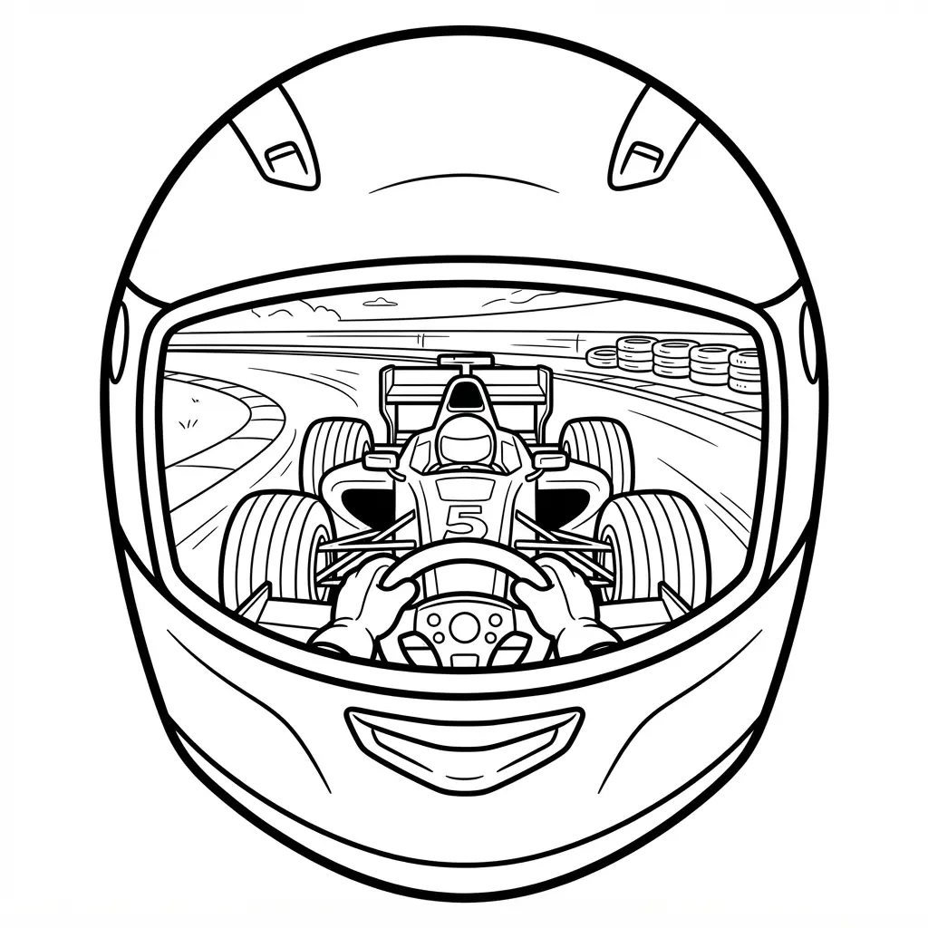 Formula car visible inside a racing helmet with visor lines, cockpit details, wheels, and track markings.