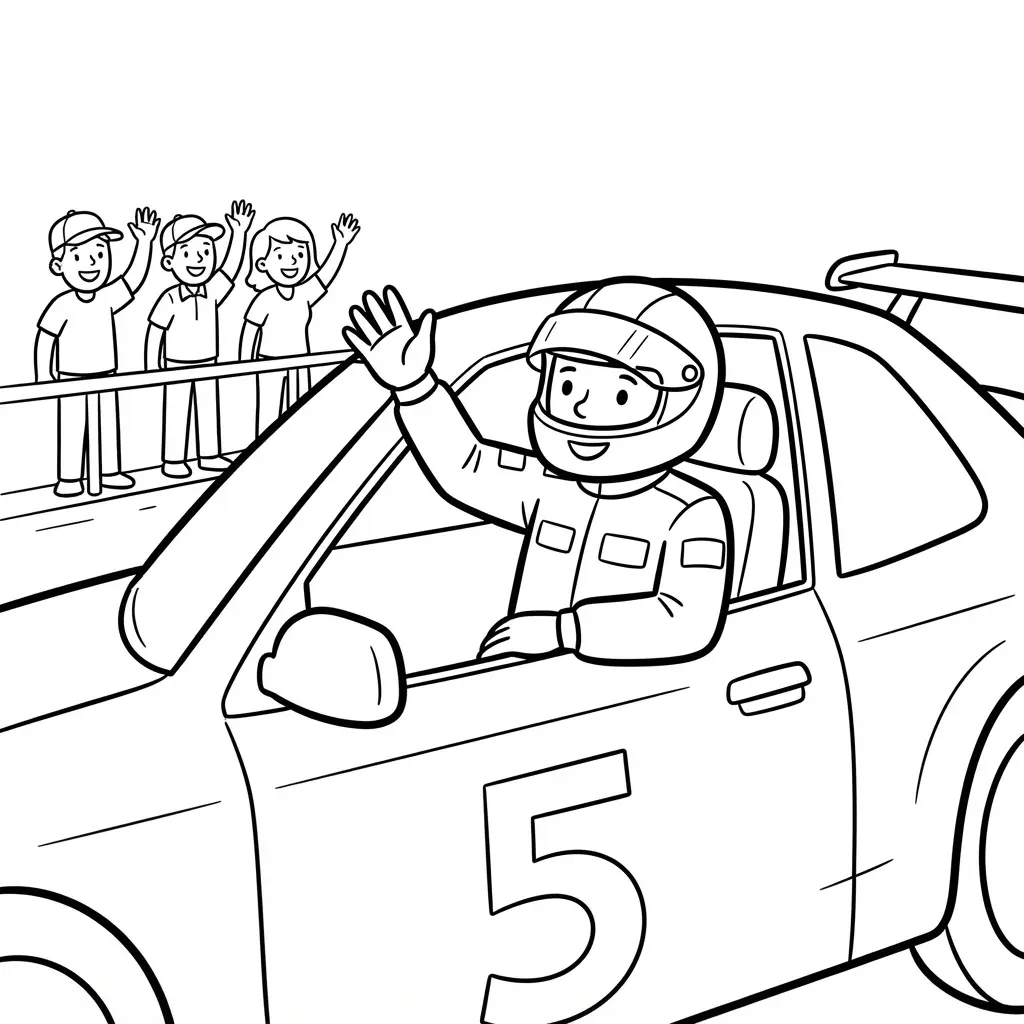 Racing driver waving through an open car window with helmet, seat, door frame, and trackside figures.