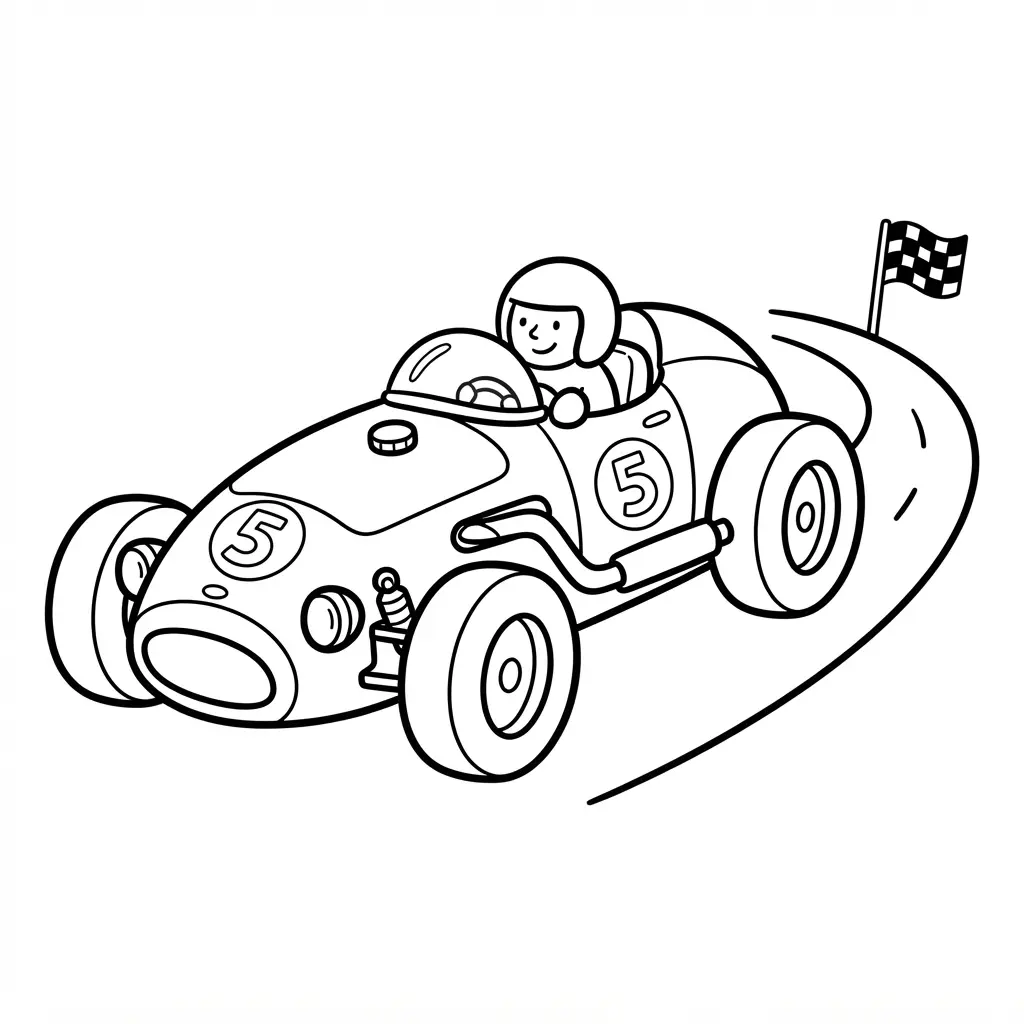 Vintage classic open-wheel racer in black-and-white line art beside a simple track and checkered flag.