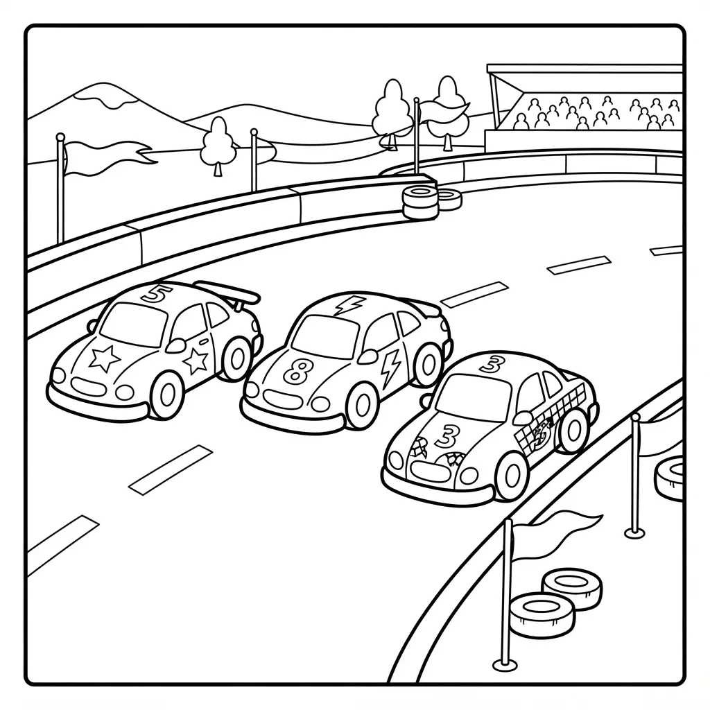 Three race cars traveling side by side on a curved track with flags, lane lines, and distant barriers.