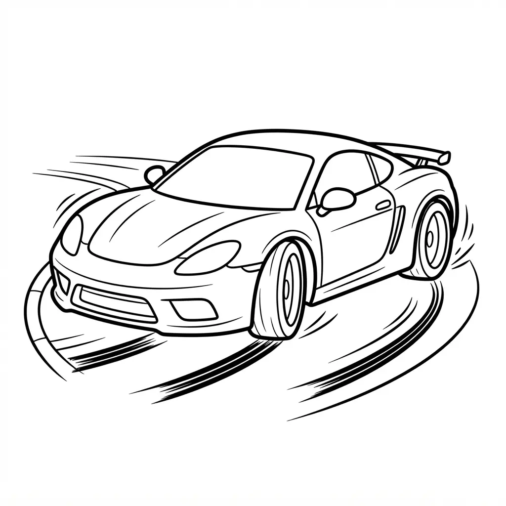 Race car coloring page featuring a sleek modern supercar drift machine with wide tires and sharp curves.