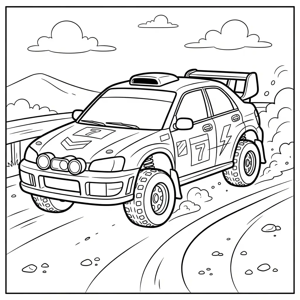 Race car coloring page showing a rugged rally car on a dirt track with gravel marks and simple turns.