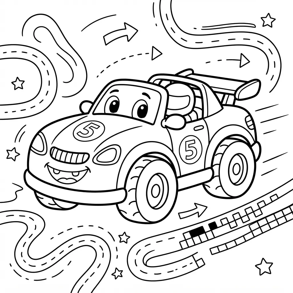 Race car coloring page featuring a cheerful cartoon racer with big eyes, rounded tires, and simple bold lines.