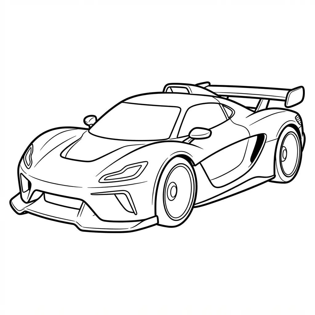 Race car coloring page showing an electric concept prototype with smooth panels, narrow lights, and bold outlines.