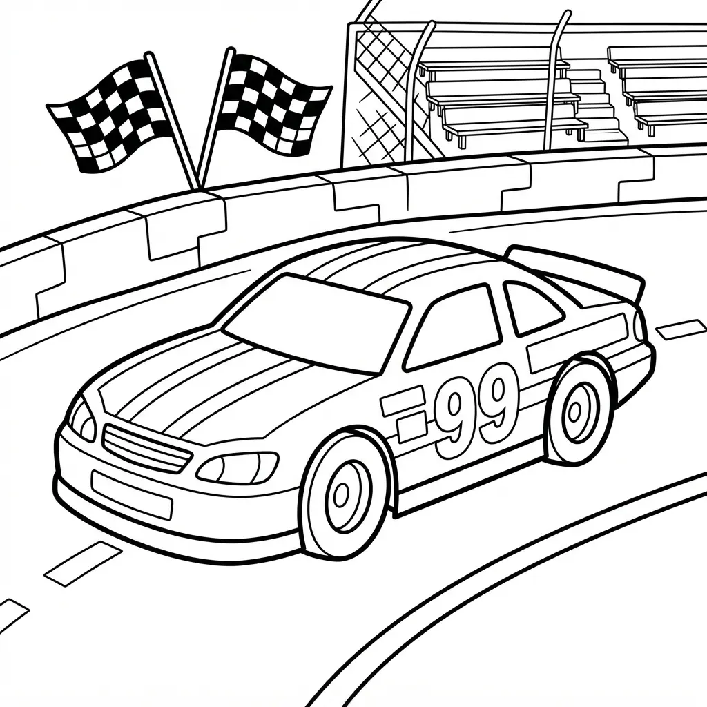 Stock car on an oval speedway in black-and-white line art with racing stripes, barriers, and flags.