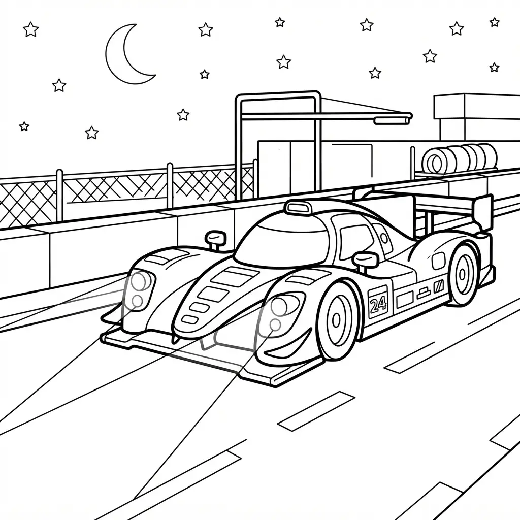 Endurance racer in black-and-white line art with headlights, night lighting, pit boxes, and track markings.