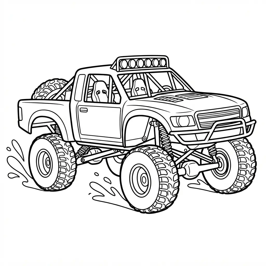 Race car coloring page showing an off-road trophy truck racer with huge tires and curved mud splash lines.