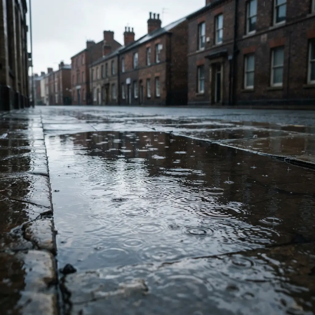 A puddle mirrors rooflines and ripples beneath falling drops in a balanced street composition.