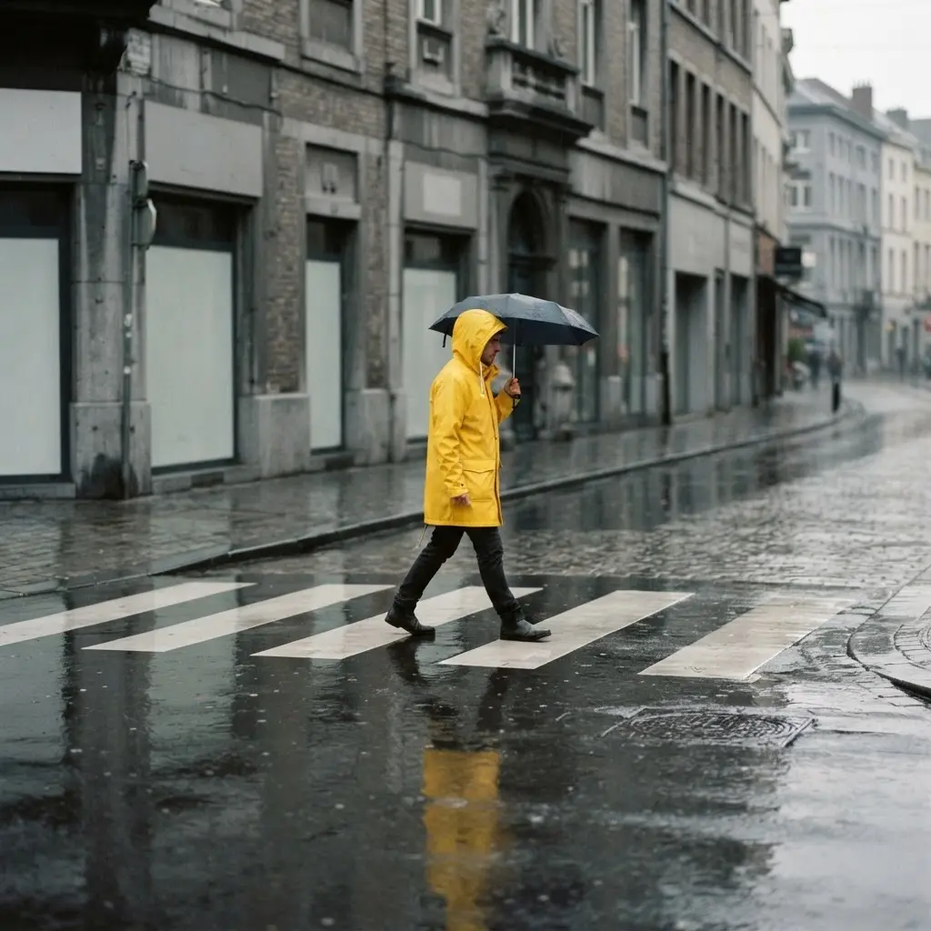A pedestrian in a yellow raincoat crosses a wet street beside muted gray buildings.