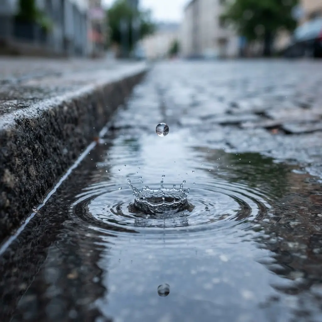 A single raindrop is frozen above a puddle, with crisp rings visible below near a curb.