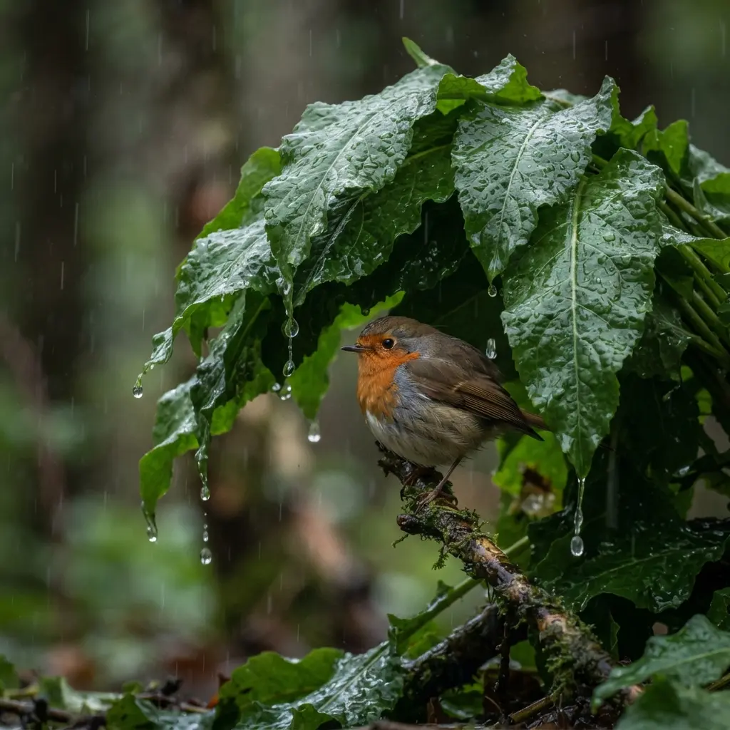A small bird sits beneath broad wet leaves while drops gather along the foliage.