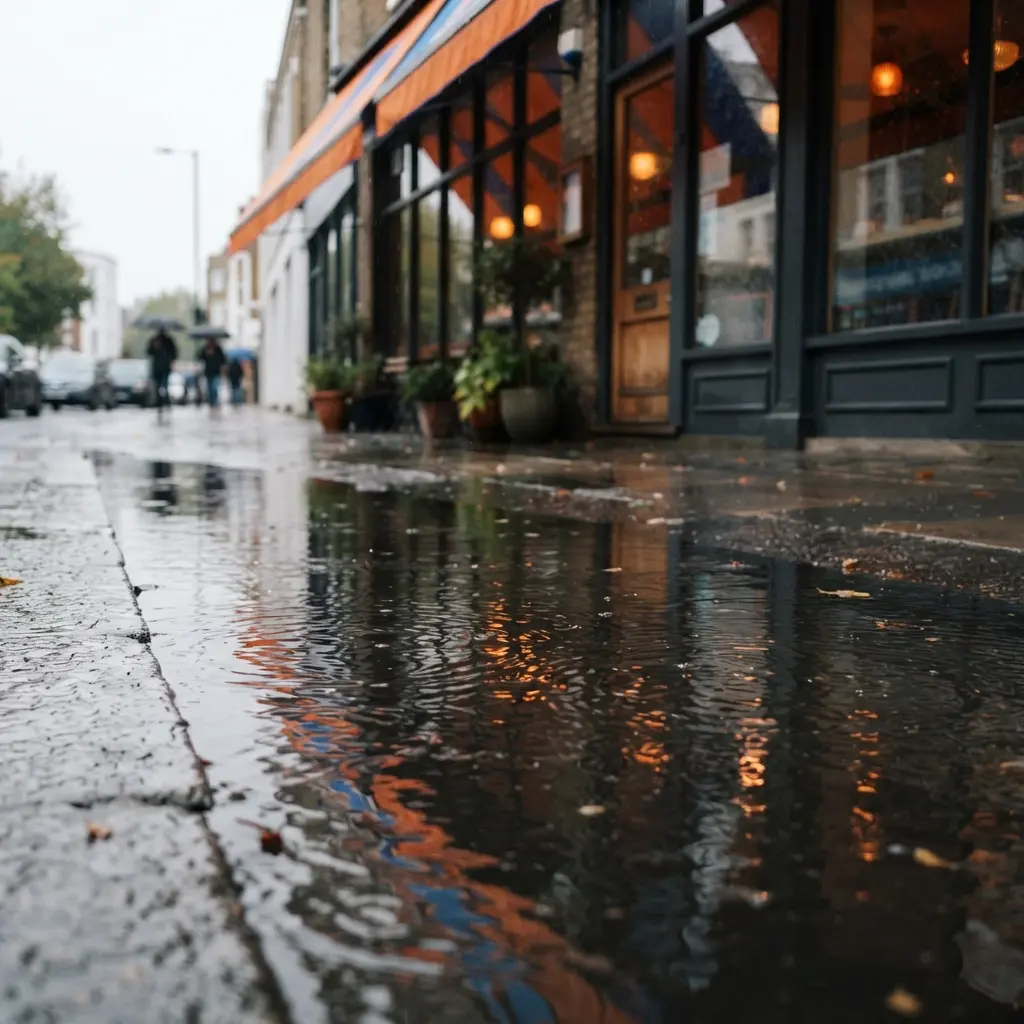 Storefront signs bend across a wet sidewalk reflection, with orange and blue color visible.