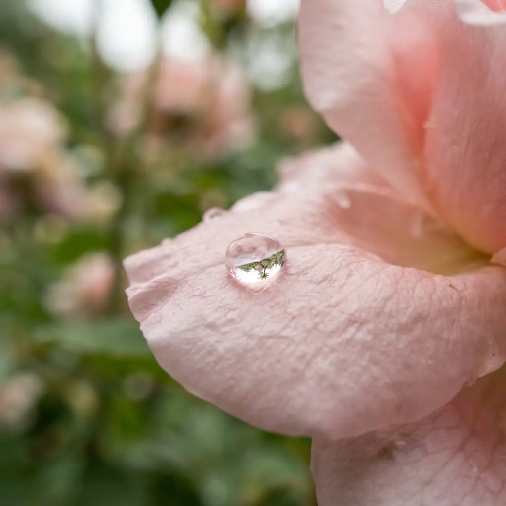 A macro raindrop rests on a flower petal, showing a Rain Photography Ideas close-up with soft background color.