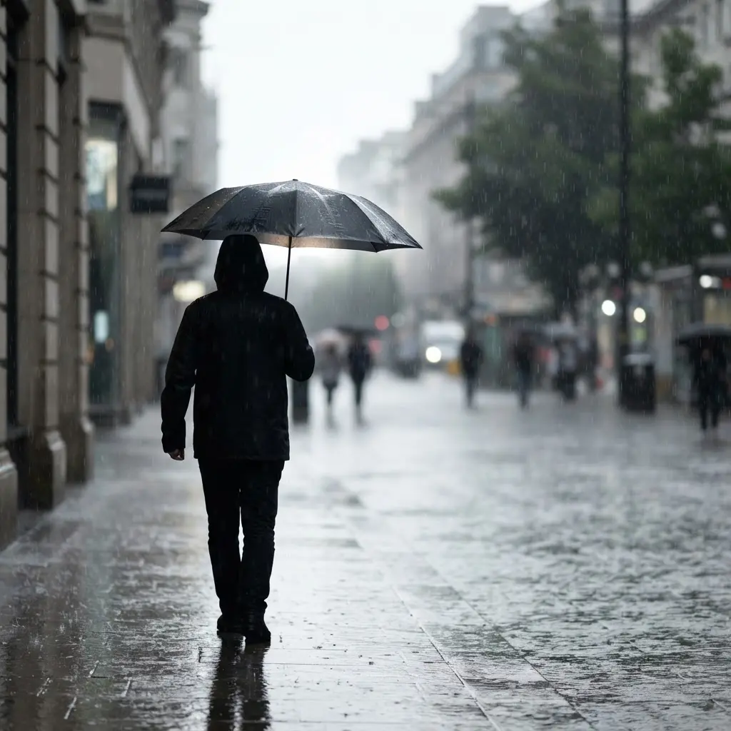 A backlit figure holds an umbrella in falling rain, forming a Rain Photography Ideas silhouette portrait.
