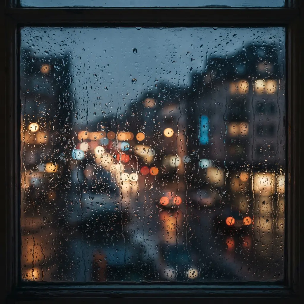 Raindrops cover a window while distant city lights form an abstract bokeh pattern.
