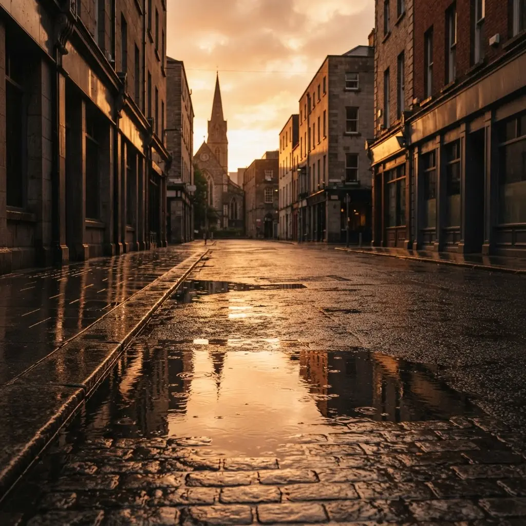 Golden light reflects across wet pavement after rain, forming a warm layered street scene.