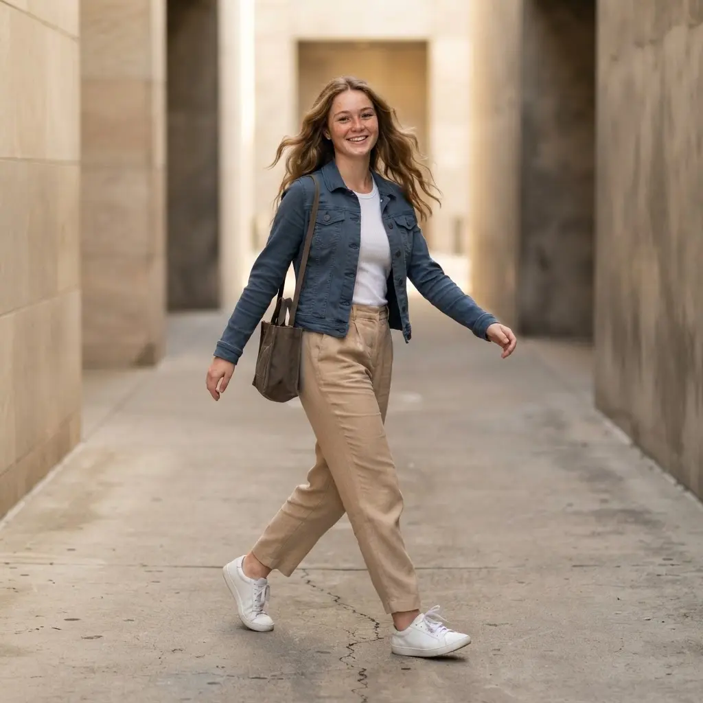Senior walking past a modern building in natural light for Senior Year Picture Suggestions with a relaxed editorial pose.