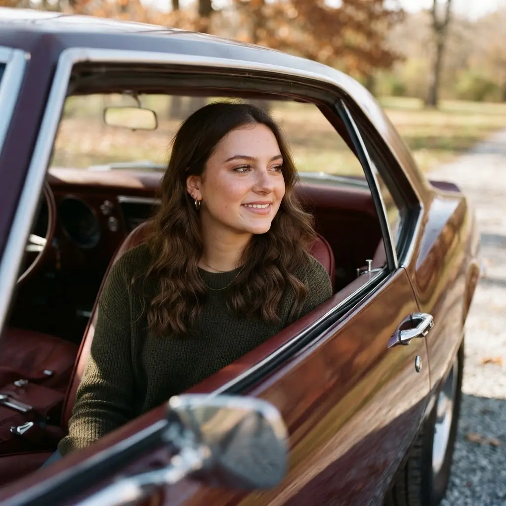 Senior seated inside a vintage car looking through the side window with warm natural light across the face.