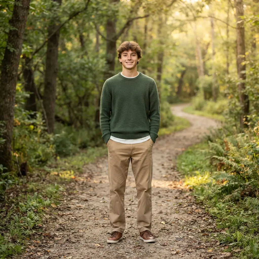 Senior standing on a tree-lined path with hands in pockets and shoulders relaxed toward the camera.
