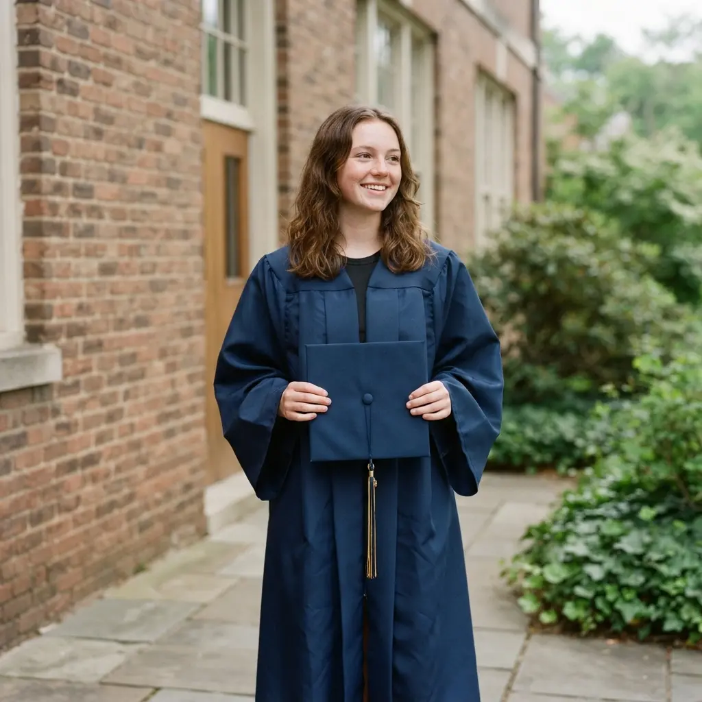 Senior holding a graduation cap at waist level while smiling beside a school building in afternoon light.