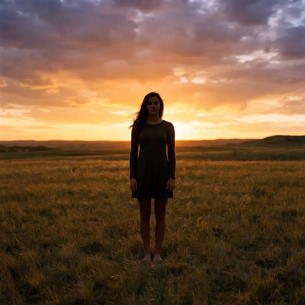 Senior standing in an open field against a low sun with a clear dark silhouette and glowing sky.