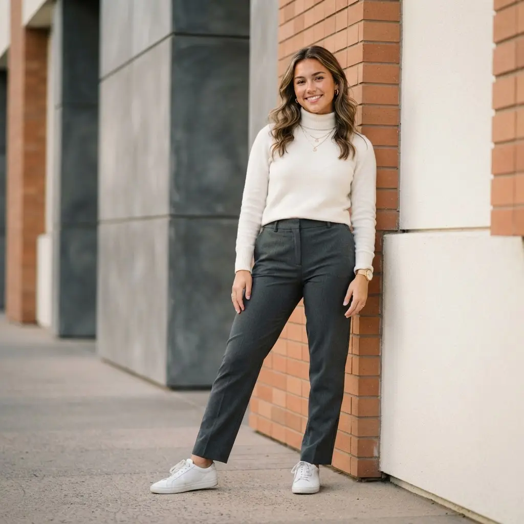 Senior standing beside a clean architectural wall in a fashion magazine stance for Senior Year Picture Suggestions.