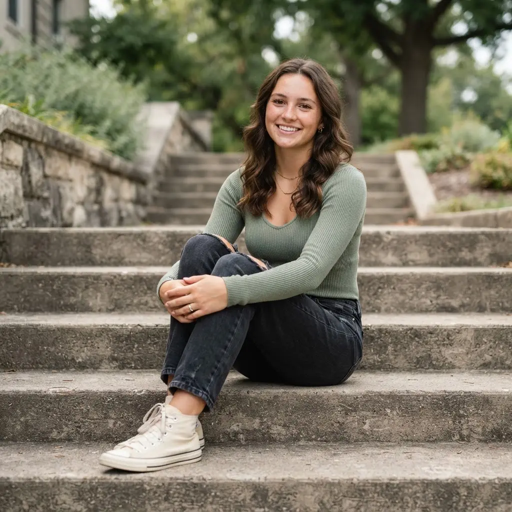 Senior seated on concrete stairs with knees up and relaxed hands for Senior Year Picture Suggestions in soft daylight.