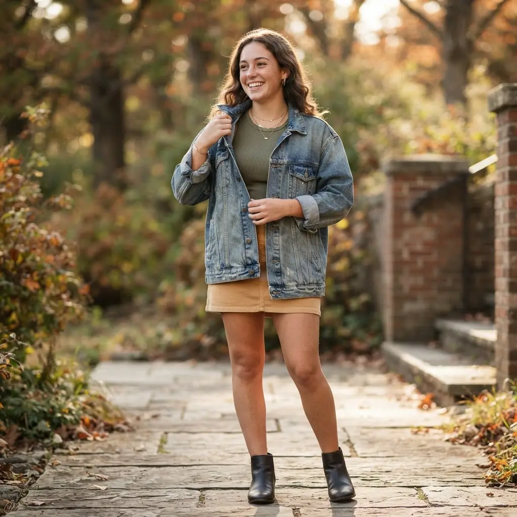 Senior adjusting a denim jacket outdoors for Senior Year Picture Suggestions with natural movement and an easy smile.