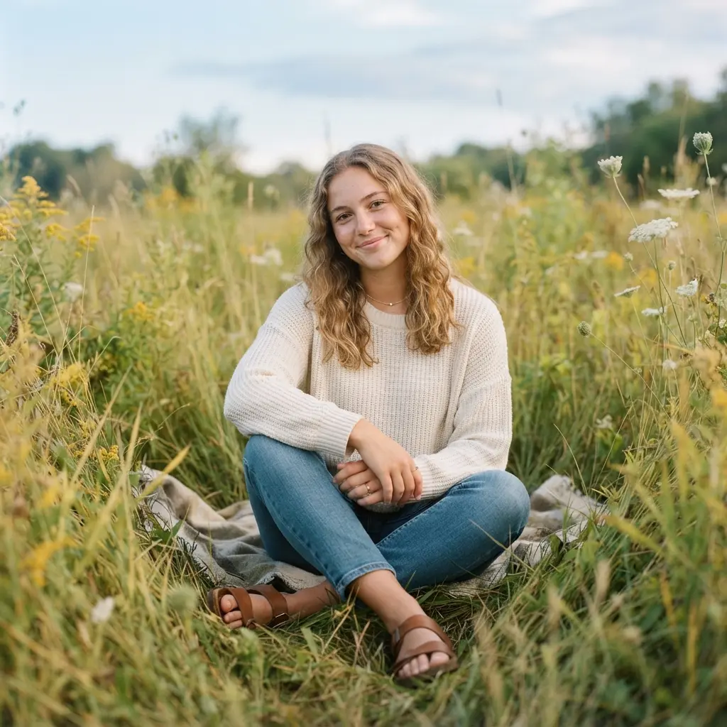 Senior sitting cross legged in tall meadow grass with hands resting loosely in the lap.