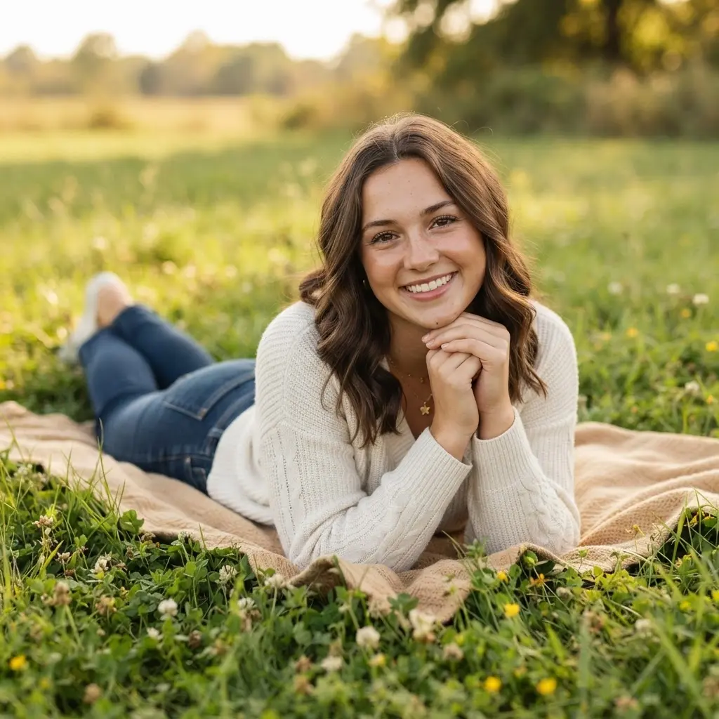 Senior lying on the stomach on a grassy field with chin resting on both hands and a soft smile.