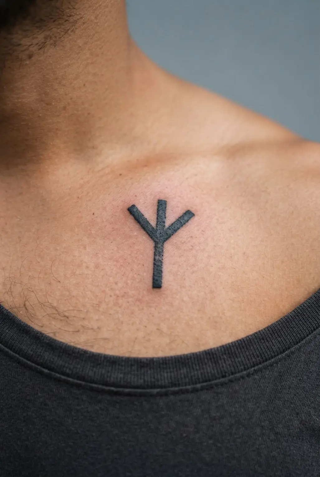 A bold Viking rune symbol tattoo shown as a compact blackwork mark with straight angular lines.