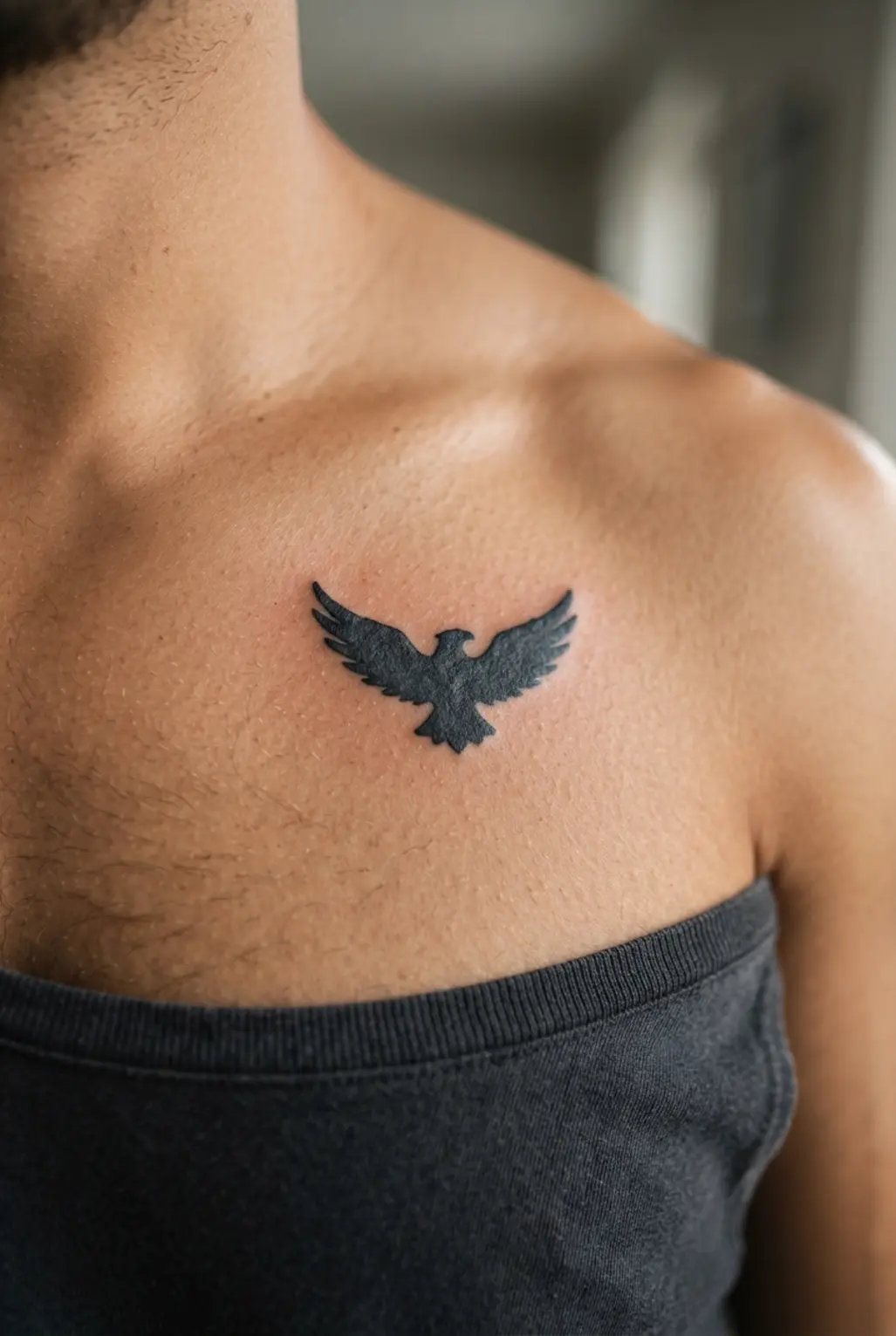 A stylized eagle silhouette tattoo shown in solid black ink with spread wings and a compact profile.