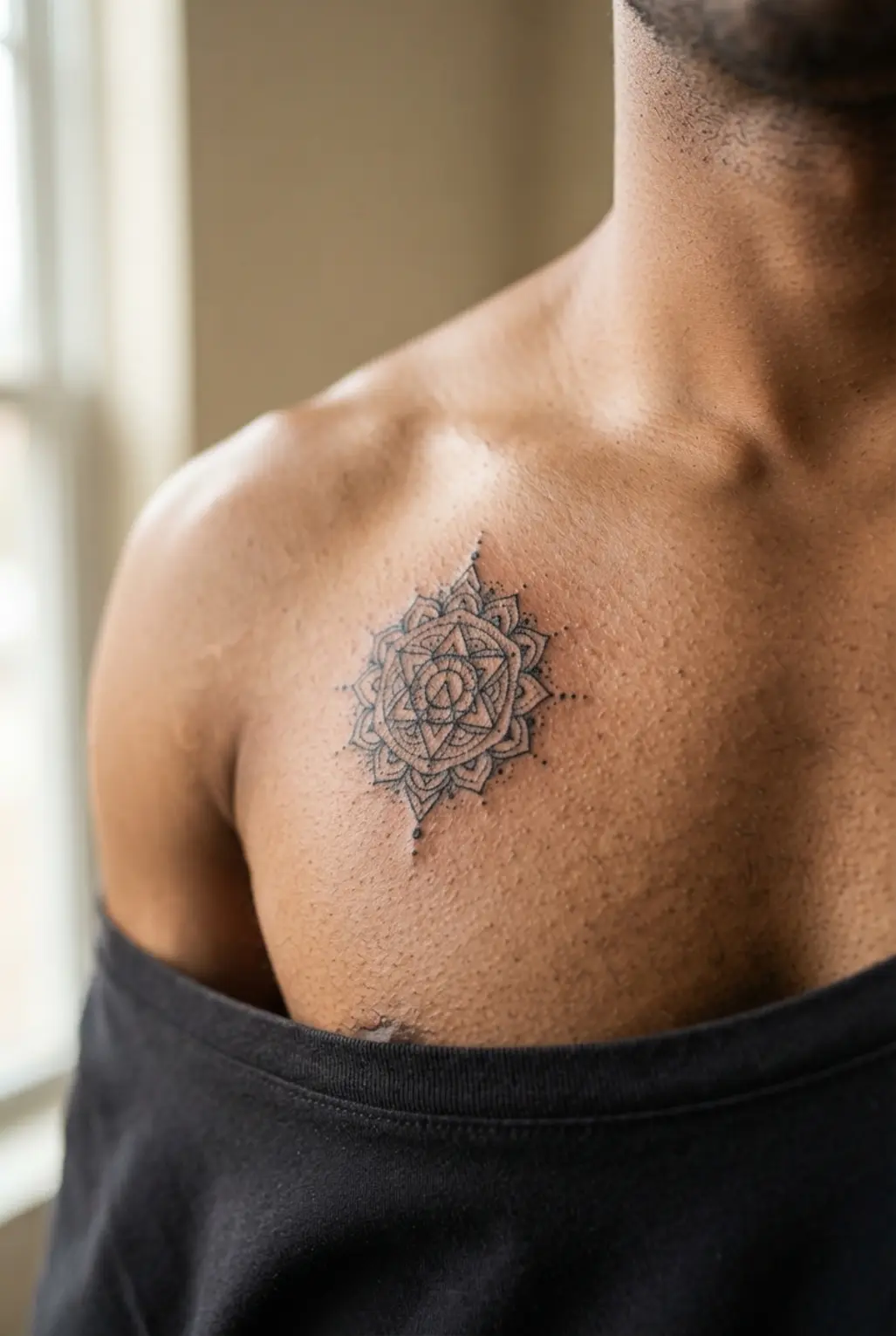 A small sacred geometry mandala tattoo shown with balanced circles, straight lines, and compact black detail.