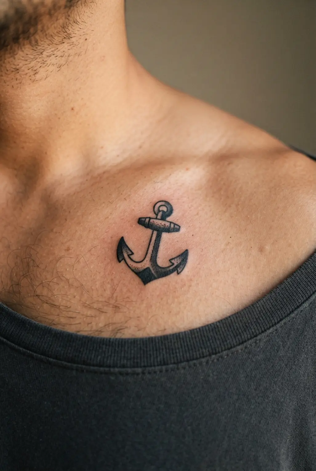 A small chest tattoo for men featuring a traditional anchor with bold blackwork lines and compact shading.