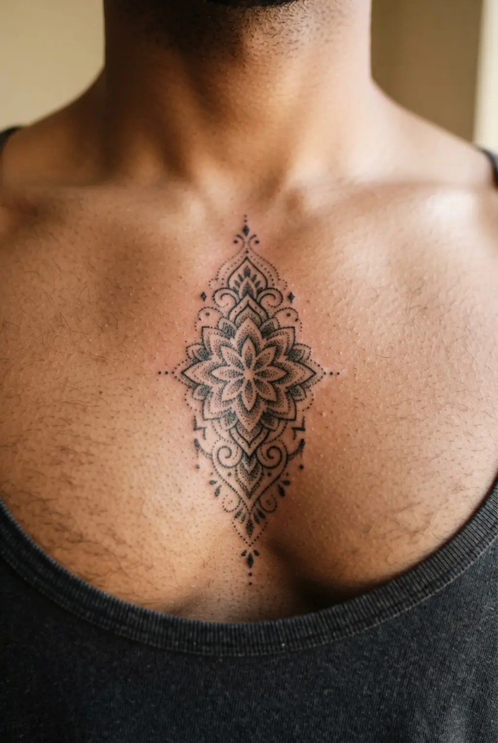 A small chest tattoo for men featuring a centered ornamental sternum design made with neat dotwork.