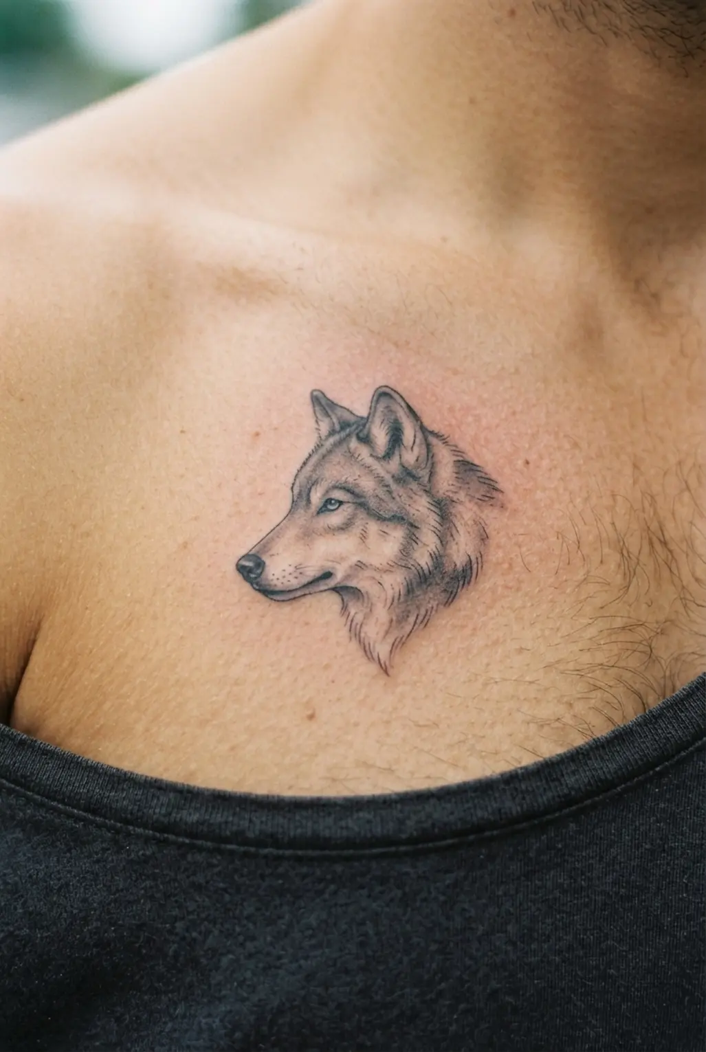 A small chest tattoo for men showing a realistic wolf profile with fine black and gray facial details.
