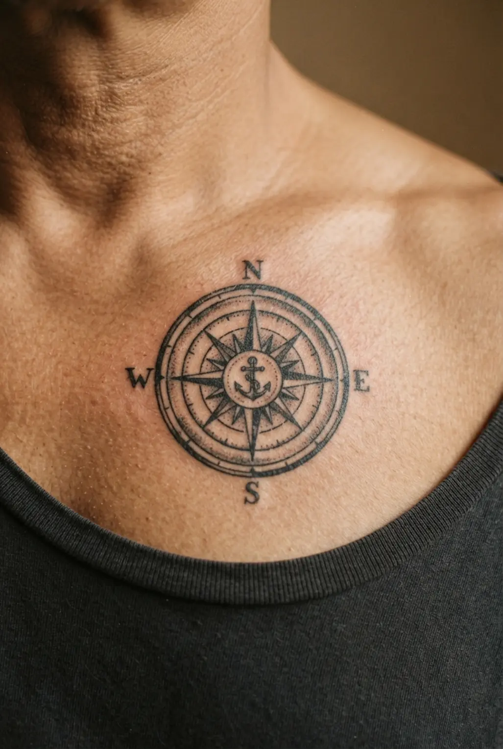 A small chest tattoo for men showing a vintage nautical compass with directional points and aged-style linework.