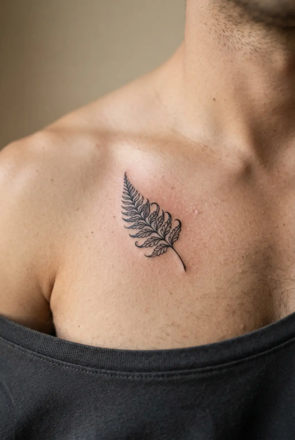 A botanical fern leaf tattoo shown in delicate black linework with a narrow stem and curved fronds.