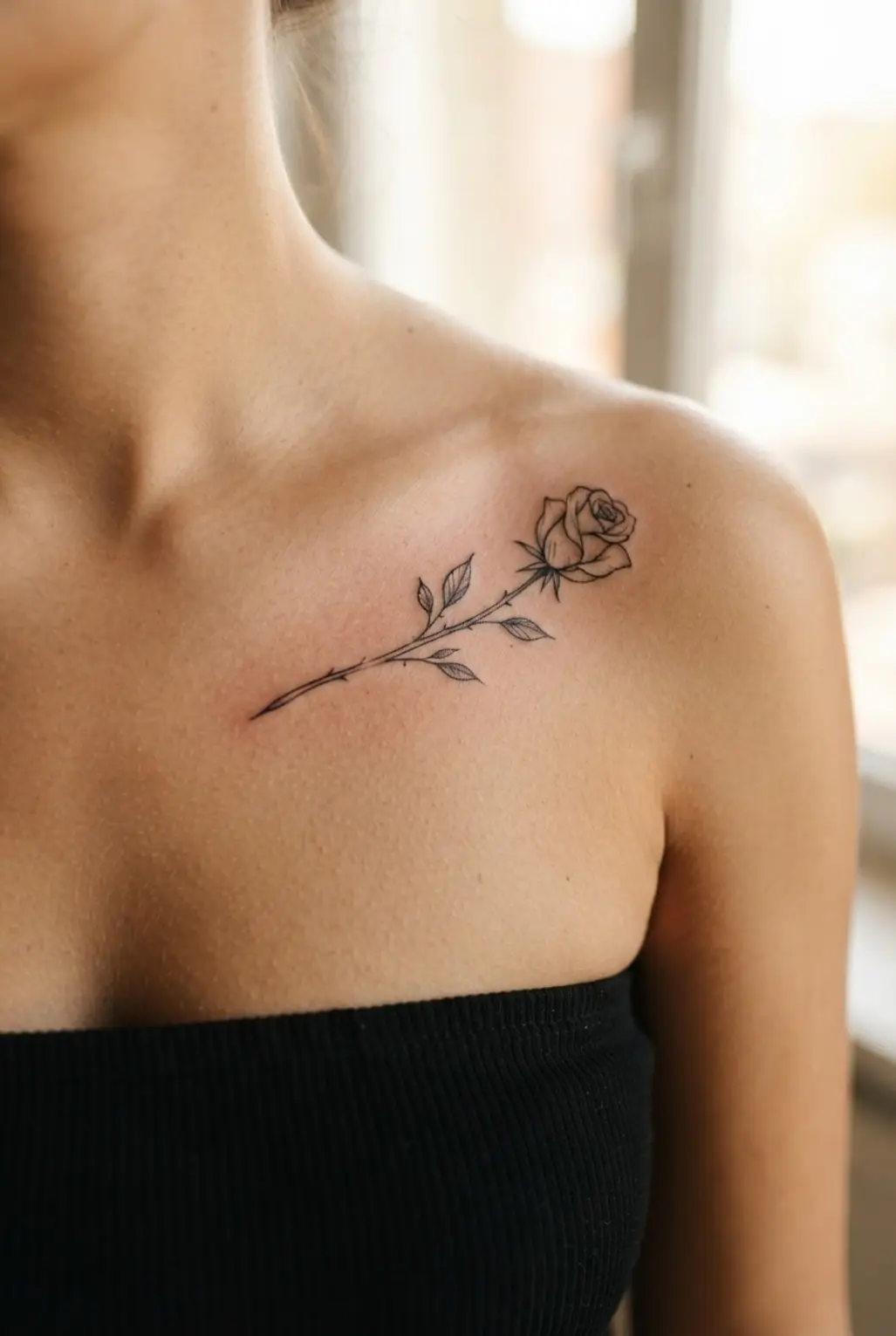 Small chest tattoos for women shown as a black fine-line rose stem beneath a collarbone.