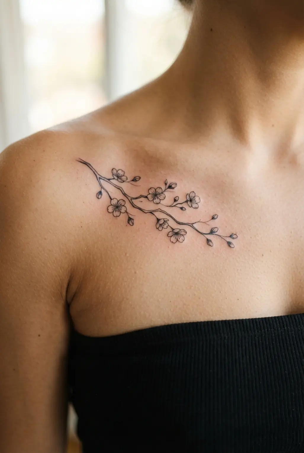 Dainty cherry blossom stem branch in black fine-line ink placed beneath the collarbone.