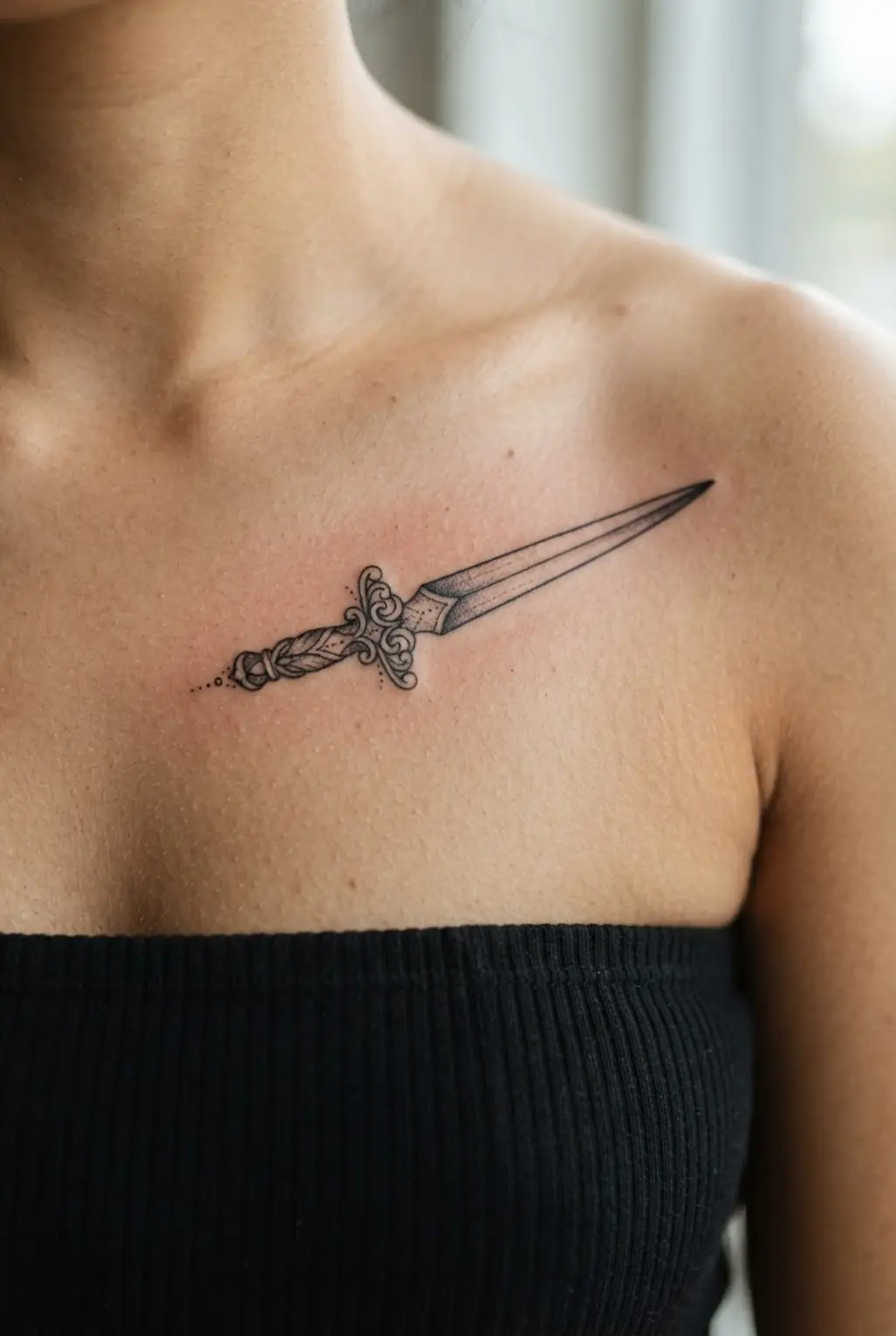 Small chest tattoos for women shown as an ornamental dagger beneath the collarbone.