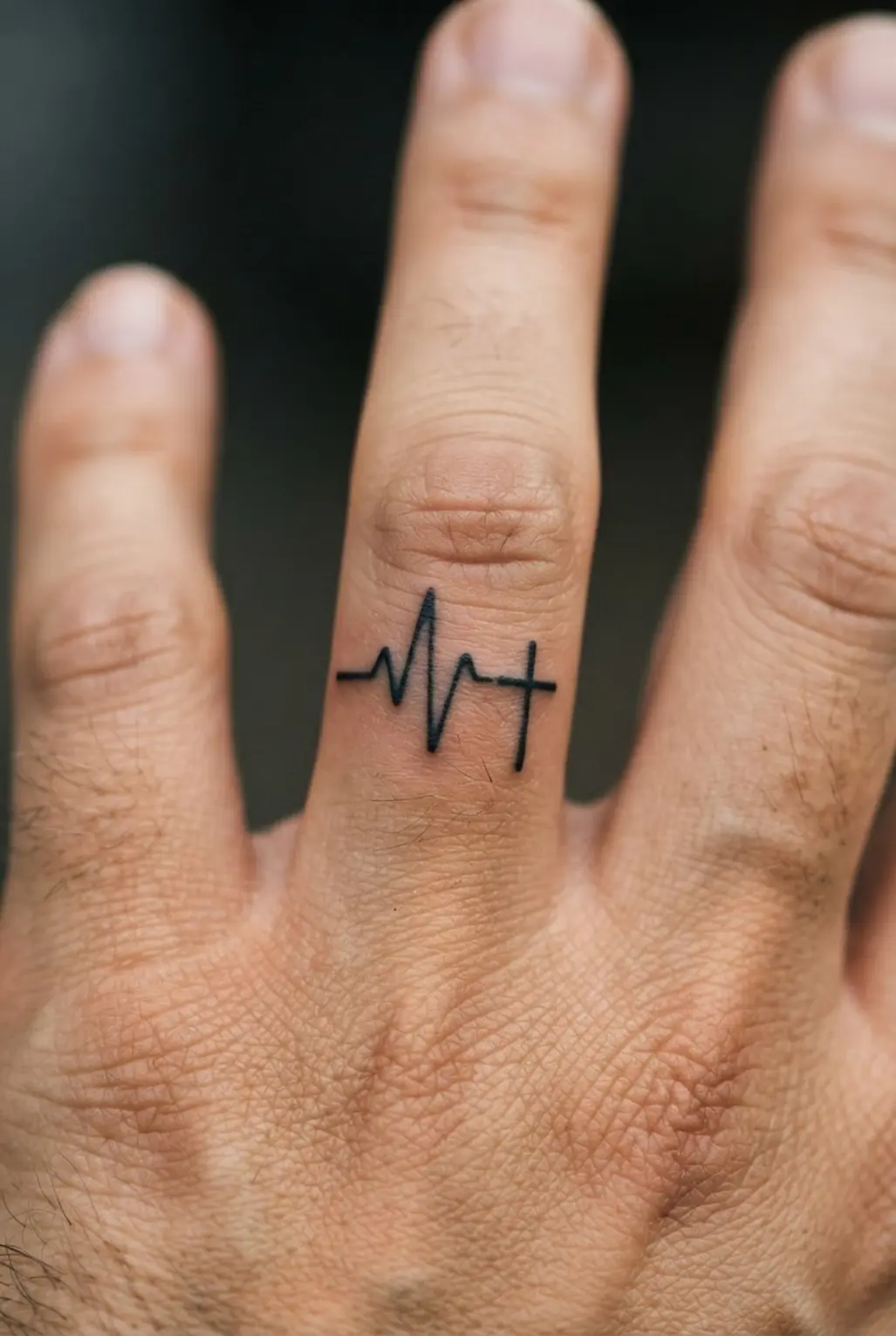 Heartbeat line leading into a small cross on a man's finger with a clean black single-line style.