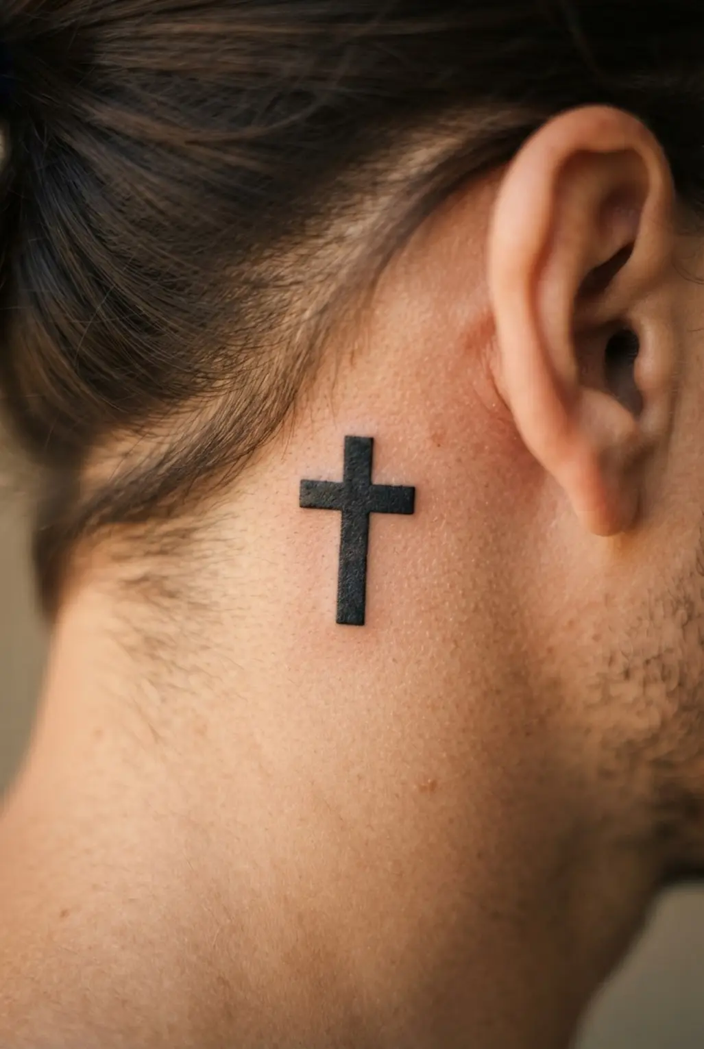 Compact solid black cross positioned behind a man's ear with crisp, high-contrast blackwork lines.