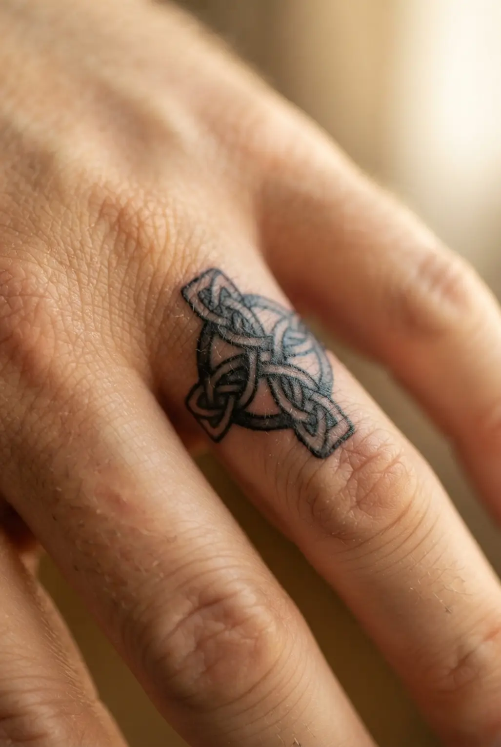 Small Celtic knotwork cross wrapping across a man's index finger in dark, connected linework.